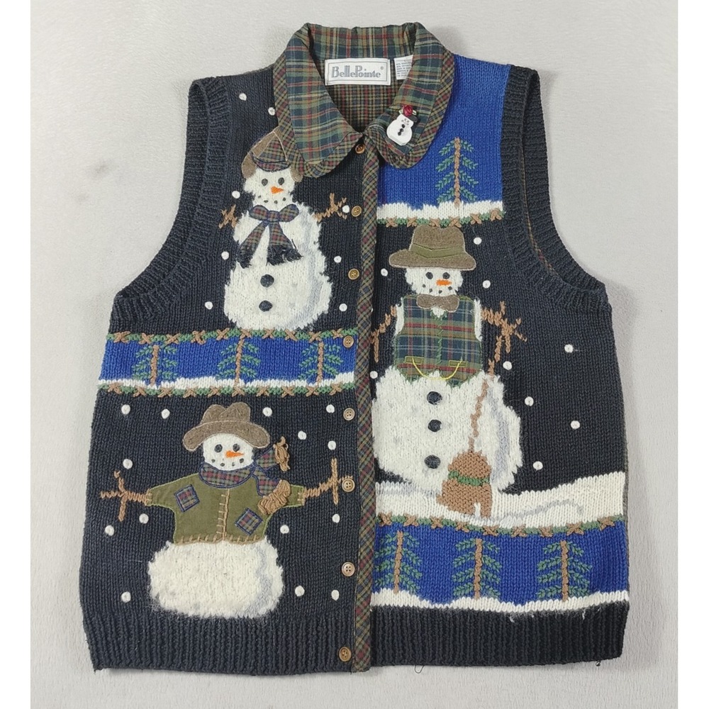 Vintage BellePointe Sweater Vest Womens Large Blue Snowman Christmas Holiday